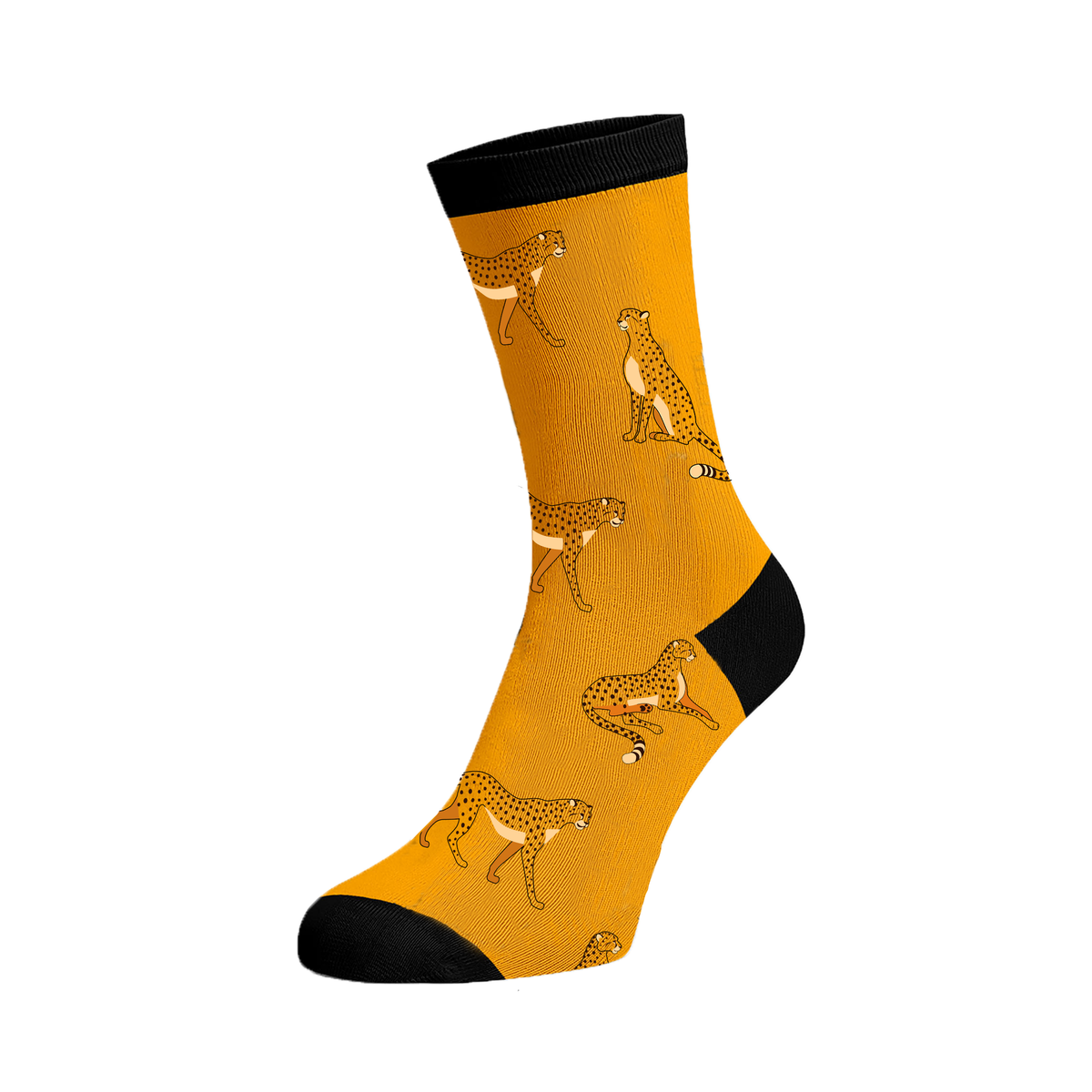 Hansie en Grietjie vulnerable socks featuring a cheetah design, supporting conservation efforts in Africa.