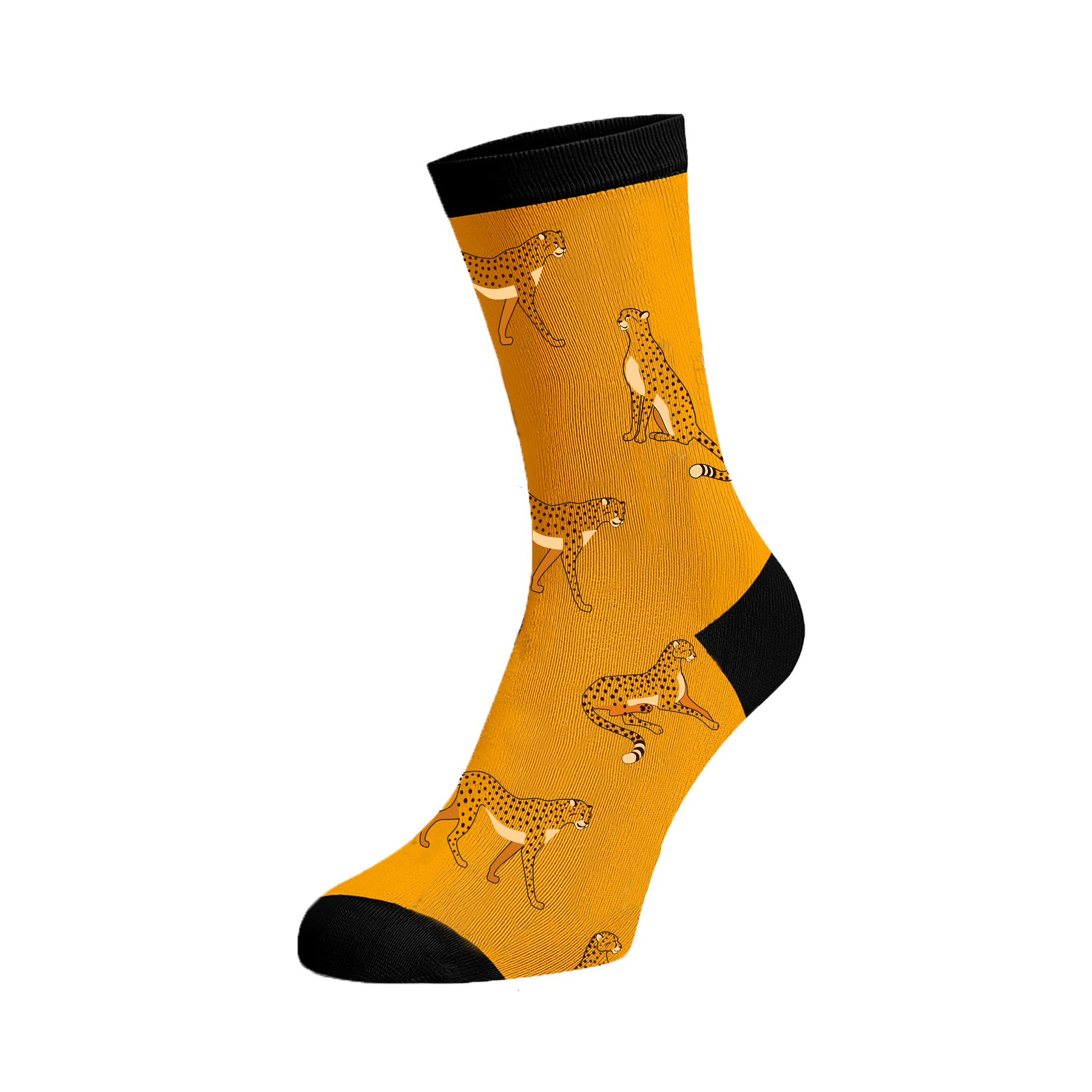 Hansie en Grietjie vulnerable socks featuring a cheetah design, supporting conservation efforts in Africa.