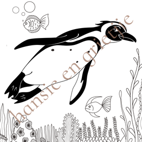 Hansie en Grietjie 'Africa's Threatened Colouring Book for Kids' featuring a penguin design, promoting conservation awareness in Africa.