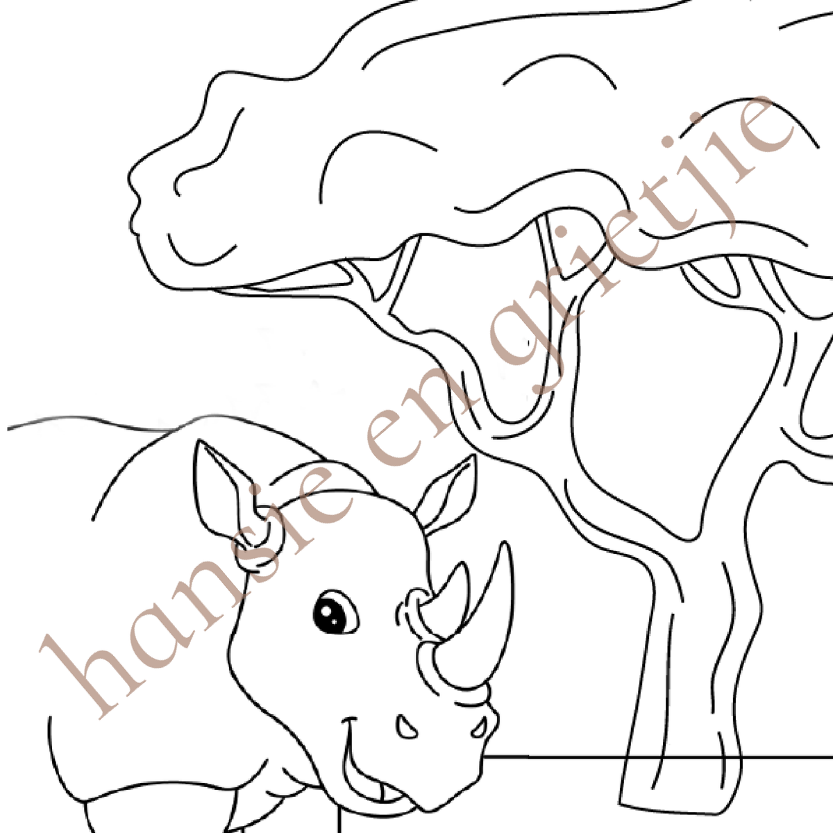 Hansie en Grietjie 'Africa's Threatened Colouring Book for Kids' featuring a rhino design, promoting conservation awareness in Africa.