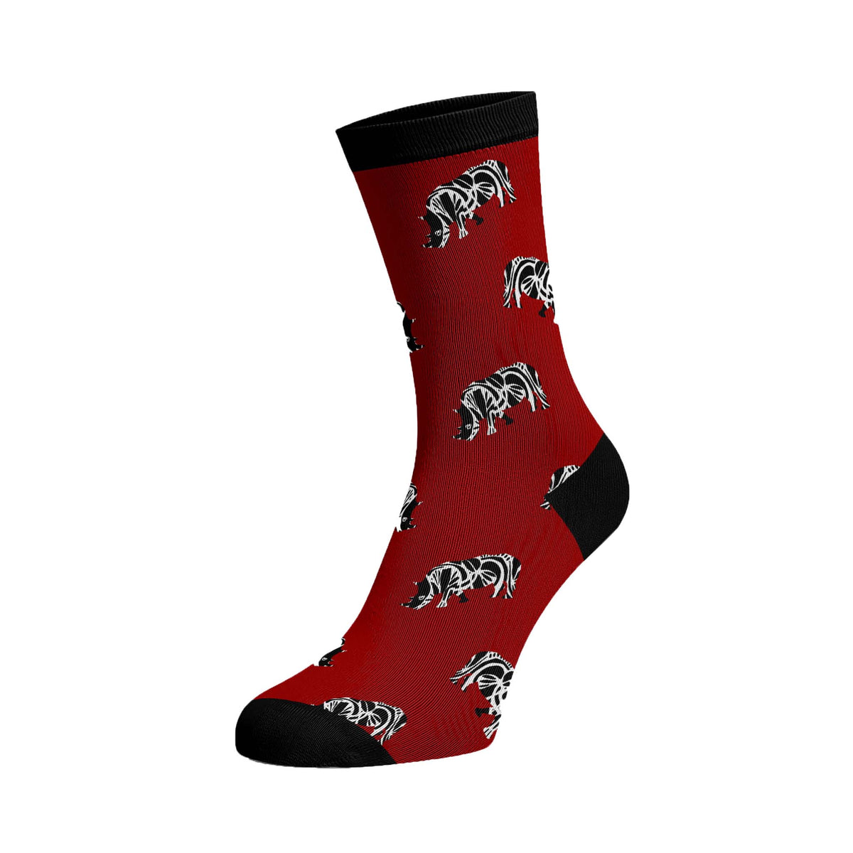 Hansie en Grietjie critically endangered socks featuring a Black Rhino design, supporting conservation efforts in Africa.