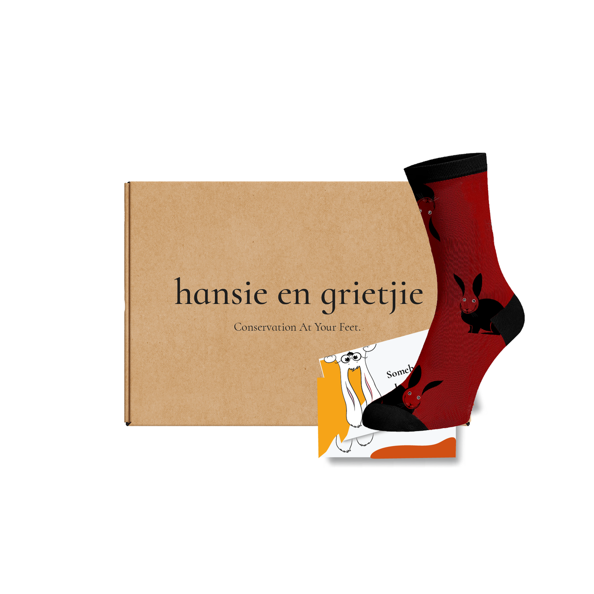 Hansie en Grietjie 'Somebunny Loves You' gift box featuring funky socks with endangered African Penguin designs and a matching bunny post card, supporting conservation efforts in Africa.