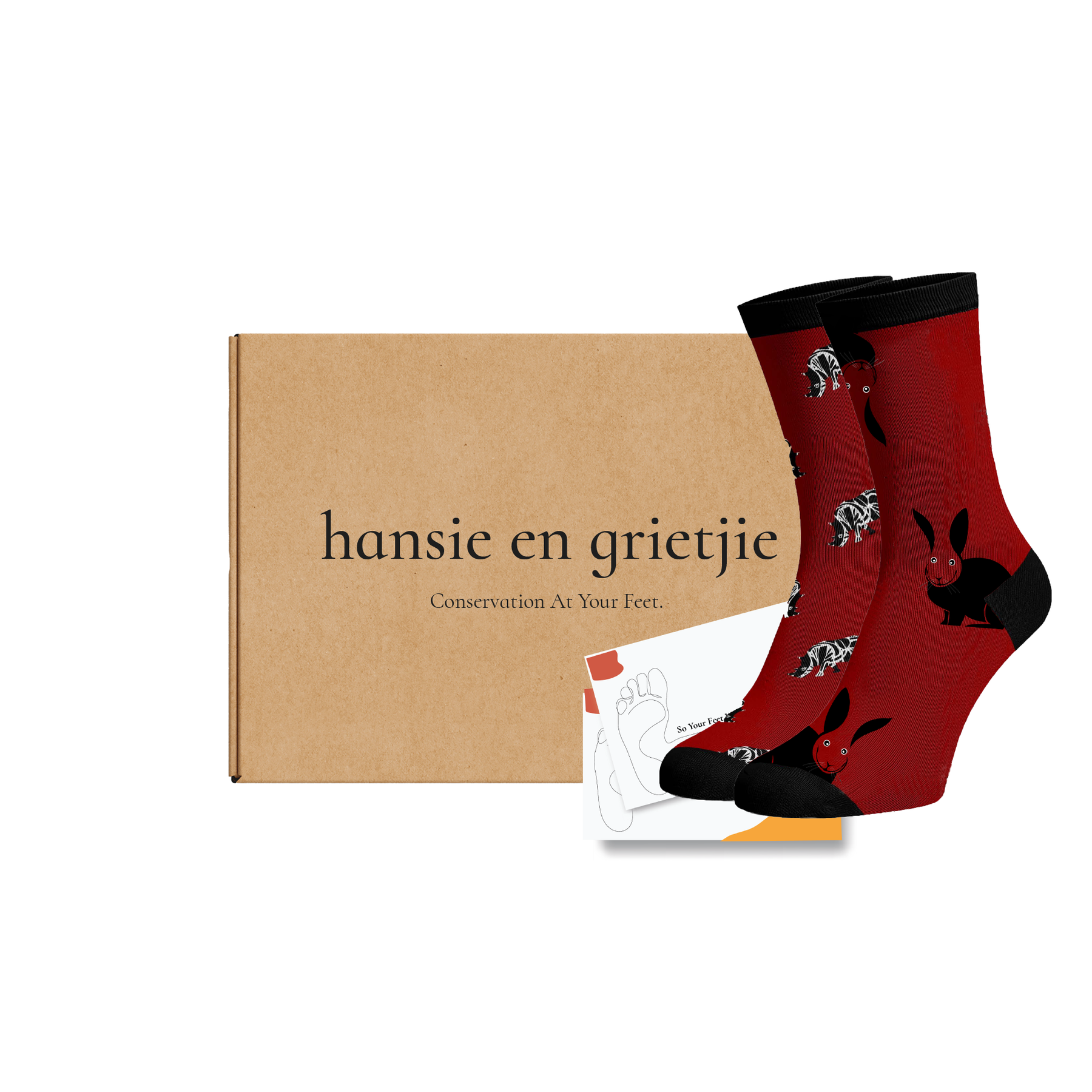 Hansie en Grietjie 'The Critically Endangered' gift box featuring funky socks with designs of the  critically endangered Black Rhino and Riverine Rabbit, coupled with a safari-themed post card, supporting conservation efforts in Africa.