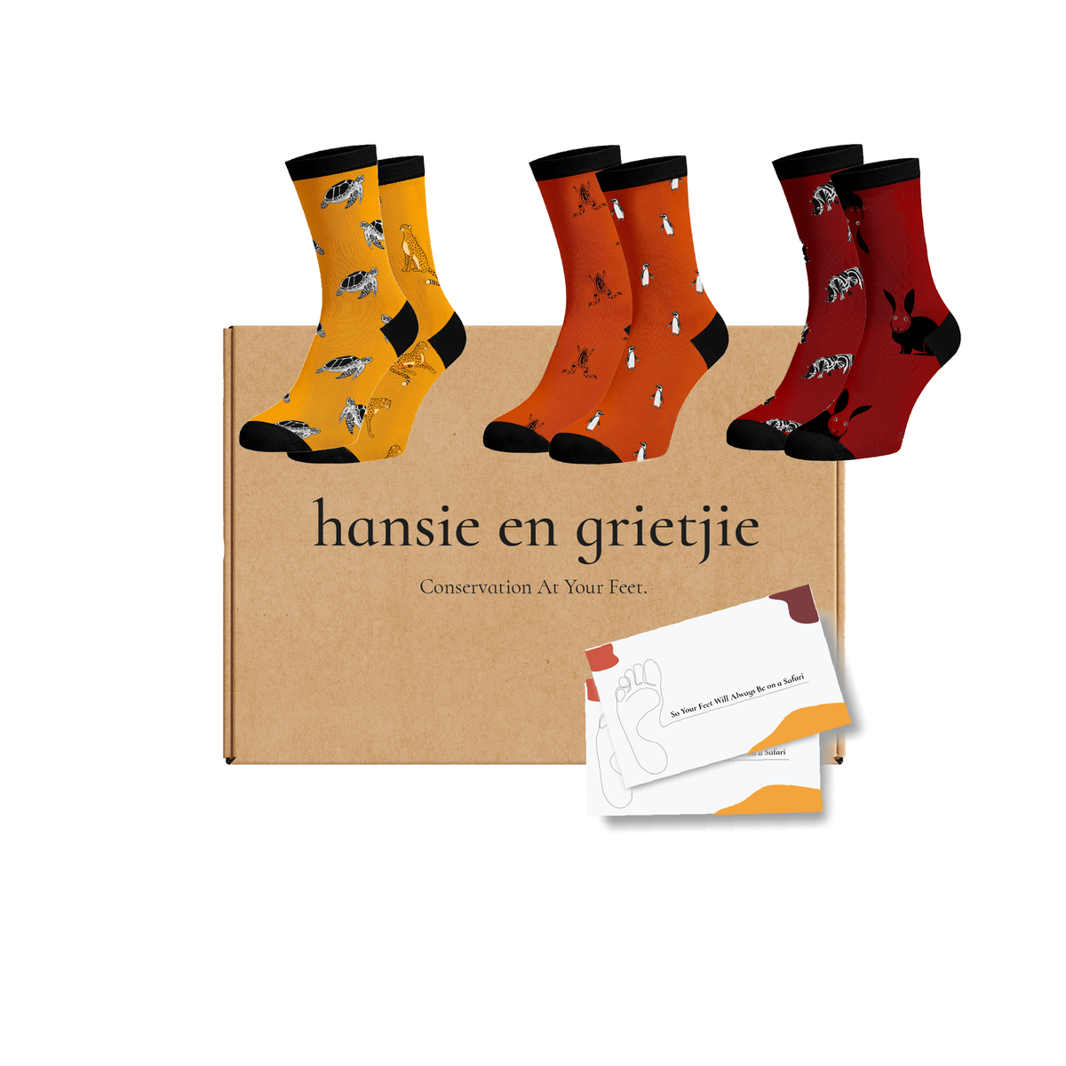 Hansie en Grietjie Ultimate Wildlife Supporter Gift Box featuring a collection of funky socks with designs of threatened animals in Africa, supporting conservation efforts.
