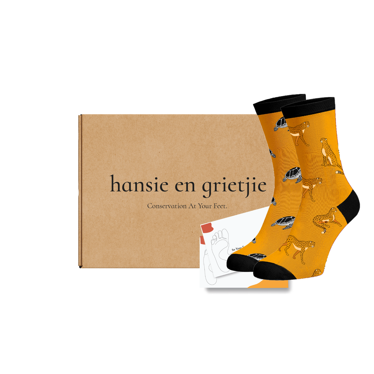 Hansie en Grietjie 'The Vulnerable' gift box featuring funky socks with designs of the  vulnerable Loggerhead Turtlea and Cheetah, coupled with a safari-themed post card, supporting conservation efforts in Africa.