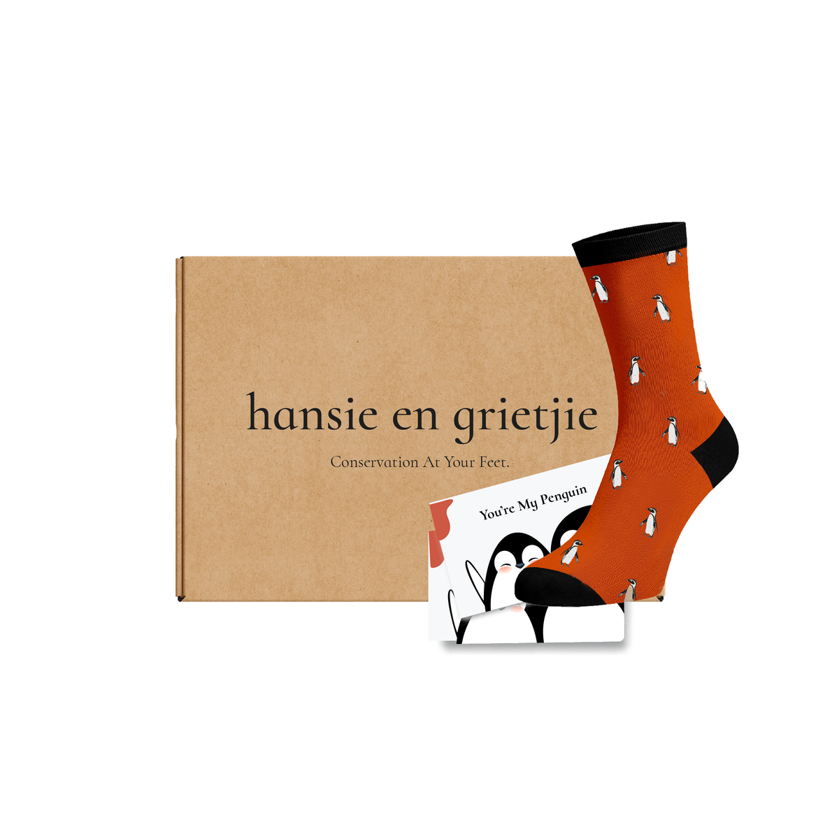 Hansie en Grietjie 'You're My Penguin' gift box featuring funky socks with endangered African Penguin designs and a matching penguin post card, supporting conservation efforts in Africa.